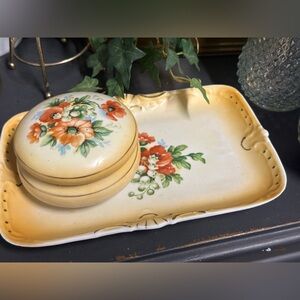 Vintage Yellow Floral Trinket Box and Tray Set